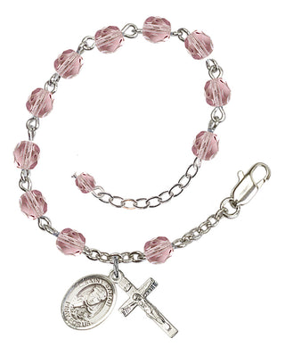 Silver-Plated 6mm Fire-Polished Saint Sarah Rosary Bracelet in Light Amethyst Engraved Catholic Saint Jewelry