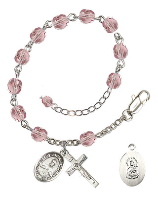 Silver-Plated 6mm Fire-Polished Scapular Rosary Bracelet in Light Amethyst Engraved Catholic Saint Jewelry