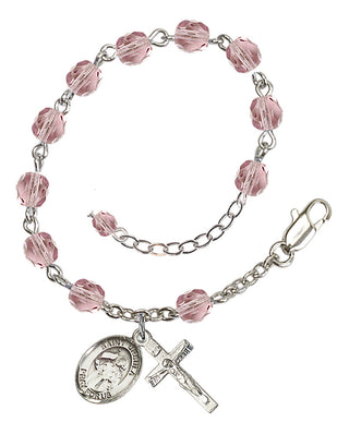 Silver-Plated 6mm Fire-Polished Saint Ursula Rosary Bracelet in Light Amethyst Engraved Catholic Saint Jewelry