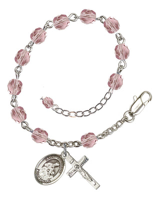 Silver-Plated 6mm Fire-Polished Saint Ambrose Rosary Bracelet in Light Amethyst Engraved Catholic Saint Jewelry