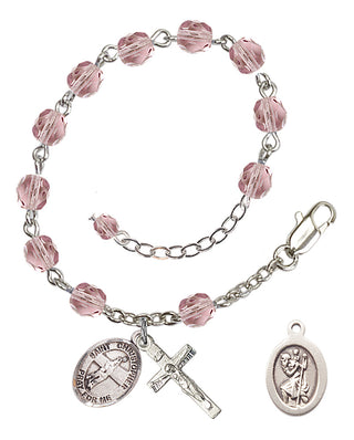 Adjustable Silver Plated 6mm Fire Polished Saint Christopher/Volleyball Rosary Bracelet in Light Amethyst