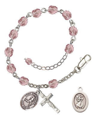 Silver-Plated 6mm Fire-Polished Saint Christopher/Track & Field Rosary Bracelet in Light Amethyst Engraved Catholic Saint Jewelry
