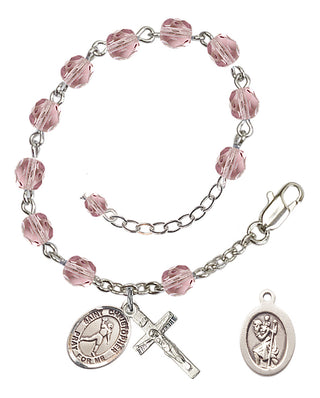 Adjustable Silver Plated 6mm Fire Polished Saint Christopher/Football Rosary Bracelet in Light Amethyst