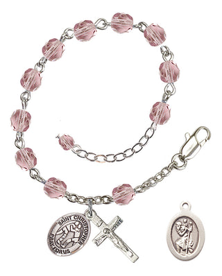 Adjustable Silver Plated 6mm Fire Polished Saint Christopher/Wrestling Rosary Bracelet in Light Amethyst