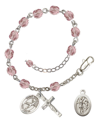 Adjustable Silver Plated 6mm Fire Polished Saint Sebastian/Figure Skating Rosary Bracelet in Light Amethyst