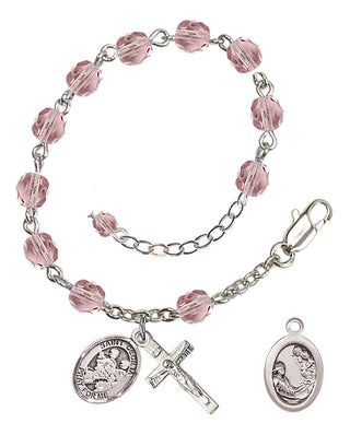 Silver-Plated 6mm Fire-Polished Saint Cecilia / Marching Band Rosary Bracelet in Light Amethyst Engraved Catholic Saint Jewelry