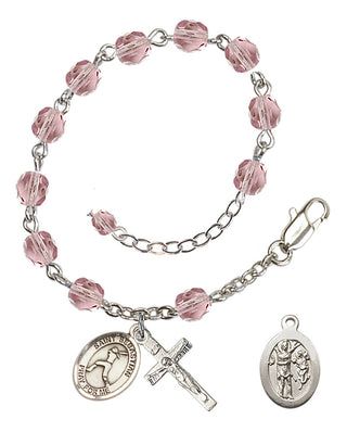 Silver-Plated 6mm Fire-Polished Saint Sebastian/Softball Rosary Bracelet in Light Amethyst Engraved Catholic Saint Jewelry