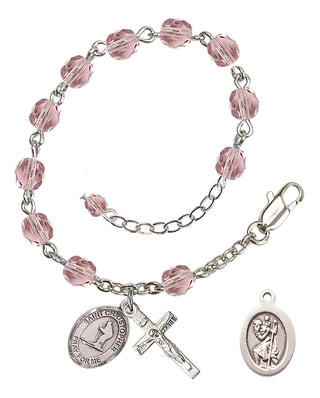 Adjustable Silver Plated 6mm Fire Polished Saint Christopher / Skiing Rosary Bracelet in Light Amethyst