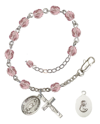 Silver-Plated 6mm Fire-Polished Our Lady of Guadalupe Rosary Bracelet in Light Amethyst Engraved Catholic Saint Jewelry