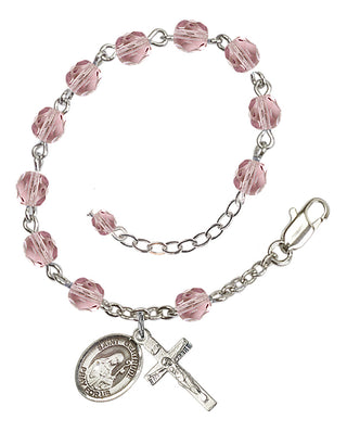 Silver-Plated 6mm Fire-Polished Saint Gertrude of Nivelles Rosary Bracelet in Light Amethyst Engraved Catholic Saint Jewelry