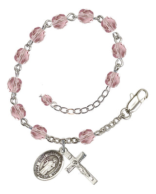 Silver-Plated 6mm Fire-Polished Saint Joseph the Worker Rosary Bracelet in Light Amethyst Engraved Catholic Saint Jewelry