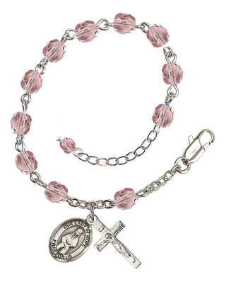 Silver-Plated 6mm Fire-Polished Our Lady of Hope Rosary Bracelet in Light Amethyst Engraved Catholic Saint Jewelry