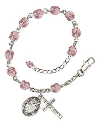 Silver-Plated 6mm Fire-Polished Saint Bernard of Clairvaux Rosary Bracelet in Light Amethyst Engraved Catholic Saint Jewelry