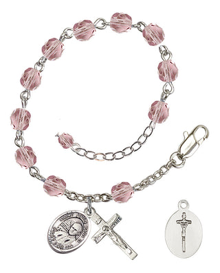 Adjustable Silver Plated 6mm Fire Polished Saint John Paul II Rosary Bracelet in Light Amethyst