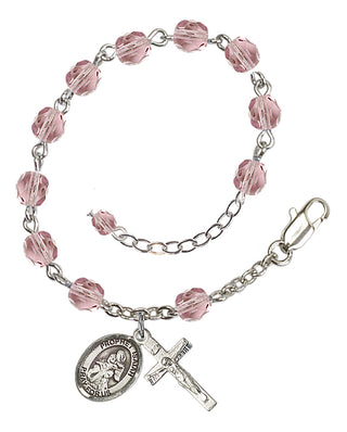 Silver-Plated 6mm Fire-Polished Saint Isaiah Rosary Bracelet in Light Amethyst Engraved Catholic Saint Jewelry