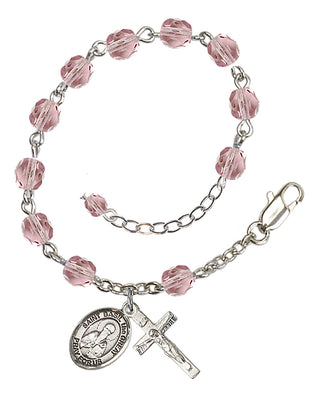 Silver-Plated 6mm Fire-Polished Saint Basil the Great Rosary Bracelet in Light Amethyst Engraved Catholic Saint Jewelry