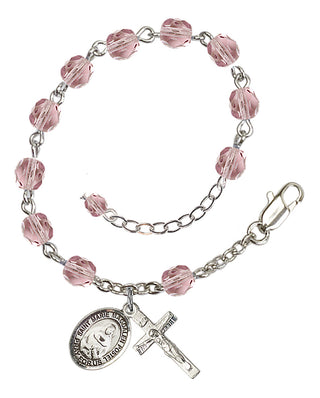 Silver-Plated 6mm Fire-Polished Saint Marie Magdalen Postel Rosary Bracelet in Light Amethyst Engraved Catholic Saint Jewelry