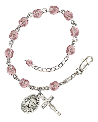 Silver-Plated 6mm Fire-Polished Saint Teresa of Calcutta Rosary Bracelet in Light Amethyst Engraved Catholic Saint Jewelry
