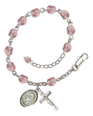 Silver-Plated 6mm Fire-Polished Saint Finnian of Clonard Rosary Bracelet in Light Amethyst Engraved Catholic Saint Jewelry