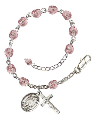 Silver-Plated 6mm Fire-Polished Saint Amelia Rosary Bracelet in Light Amethyst Engraved Catholic Saint Jewelry