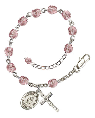 Silver-Plated 6mm Fire-Polished Virgin of the Globe Rosary Bracelet in Light Amethyst Engraved Catholic Saint Jewelry