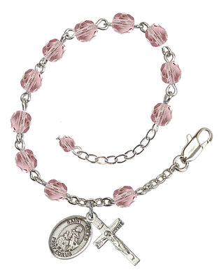 Silver-Plated 6mm Fire-Polished Saint Giles Rosary Bracelet in Light Amethyst Engraved Catholic Saint Jewelry