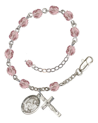 Silver-Plated 6mm Fire-Polished Saint Paula Rosary Bracelet in Light Amethyst Engraved Catholic Saint Jewelry