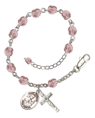 Silver-Plated 6mm Fire-Polished Saint Kieran Rosary Bracelet in Light Amethyst Engraved Catholic Saint Jewelry