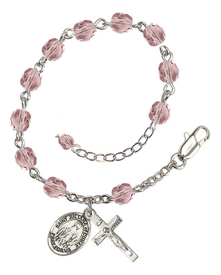 Silver-Plated 6mm Fire-Polished Saint Juliana of Cumae Rosary Bracelet in Light Amethyst Engraved Catholic Saint Jewelry