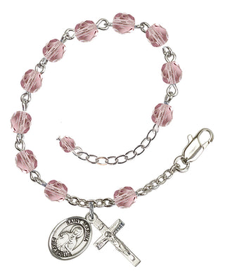 Silver-Plated 6mm Fire-Polished Saint Marina Rosary Bracelet in Light Amethyst Engraved Catholic Saint Jewelry