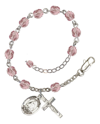 Silver-Plated 6mm Fire-Polished Saint Theodora Rosary Bracelet in Light Amethyst Engraved Catholic Saint Jewelry