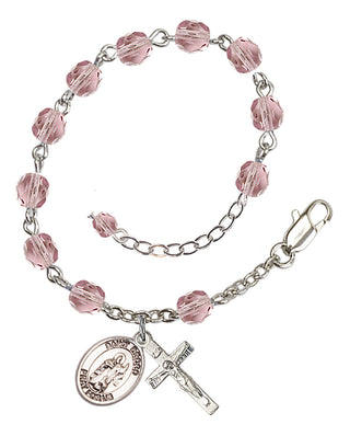 Silver-Plated 6mm Fire-Polished Saint Drogo Rosary Bracelet in Light Amethyst Engraved Catholic Saint Jewelry