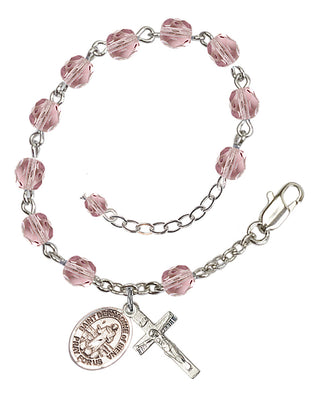 Silver-Plated 6mm Fire-Polished Saint Bernadine of Sienna Rosary Bracelet in Light Amethyst Engraved Catholic Saint Jewelry
