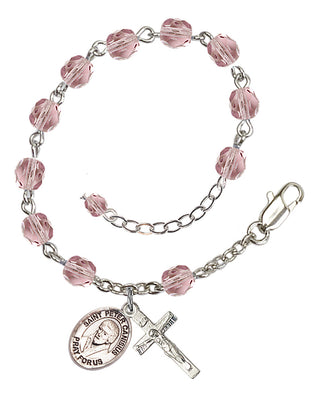 Silver-Plated 6mm Fire-Polished Saint Peter Canisius Rosary Bracelet in Light Amethyst Engraved Catholic Saint Jewelry