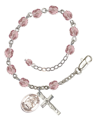 Silver-Plated 6mm Fire-Polished Saint Daria Rosary Bracelet in Light Amethyst Engraved Catholic Saint Jewelry