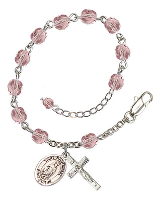 Silver-Plated 6mm Fire-Polished Saint Nathanael Rosary Bracelet in Light Amethyst Engraved Catholic Saint Jewelry