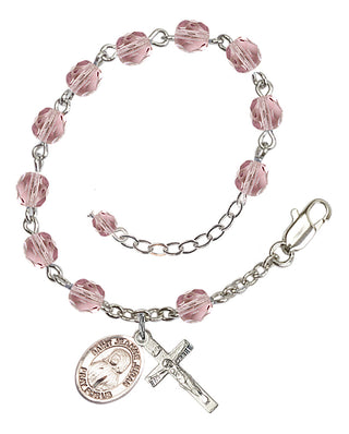 Silver-Plated 6mm Fire-Polished Saint Jeanne Jugan Rosary Bracelet in Light Amethyst Engraved Catholic Saint Jewelry