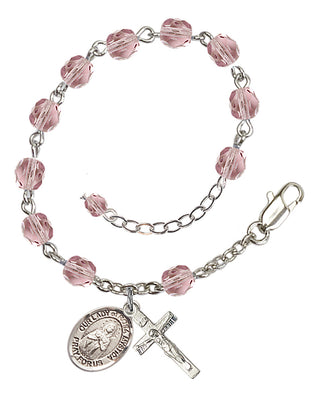 Silver-Plated 6mm Fire-Polished Our Lady of Rosa Mystica Rosary Bracelet in Light Amethyst Engraved Catholic Saint Jewelry