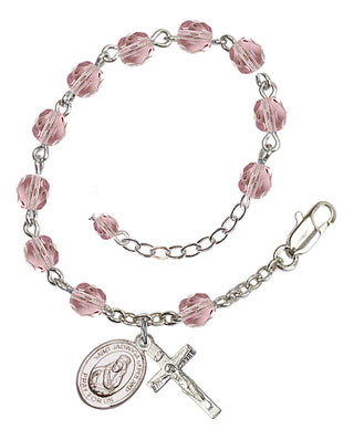 Silver-Plated 6mm Fire-Polished Saint Jadwiga of Poland Rosary Bracelet in Light Amethyst Engraved Catholic Saint Jewelry
