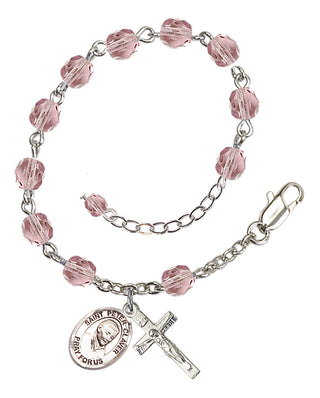 Silver-Plated 6mm Fire-Polished Saint Peter Claver Rosary Bracelet in Light Amethyst Engraved Catholic Saint Jewelry