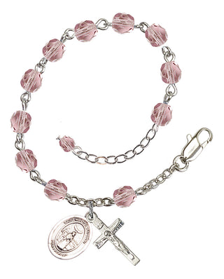 Silver-Plated 6mm Fire-Polished Saint Medard of Noyon Rosary Bracelet in Light Amethyst Engraved Catholic Saint Jewelry