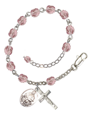 Adjustable Silver Plated 6mm Fire Polished Pope Francis Rosary Bracelet in Light Amethyst