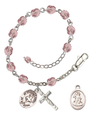 Silver-Plated 6mm Fire-Polished Guardian Angel/Dance Rosary Bracelet in Light Amethyst Engraved Catholic Saint Jewelry