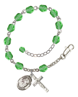 Silver-Plated 6mm Fire-Polished Saint Brendan the Navigator Rosary Bracelet in Peridot Engraved Catholic Saint Jewelry
