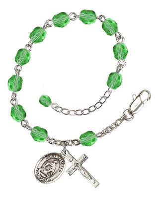Silver-Plated 6mm Fire-Polished Saint Charles Borromeo Rosary Bracelet in Peridot Engraved Catholic Saint Jewelry