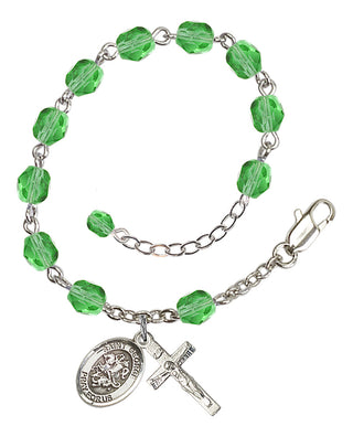 Silver-Plated 6mm Fire-Polished Saint George Rosary Bracelet in Peridot Engraved Catholic Saint Jewelry
