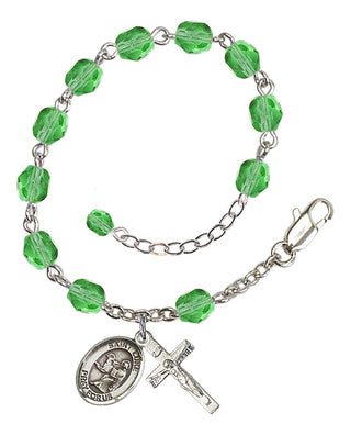 Silver-Plated 6mm Fire-Polished Saint Luke the Apostle Rosary Bracelet in Peridot Engraved Catholic Saint Jewelry