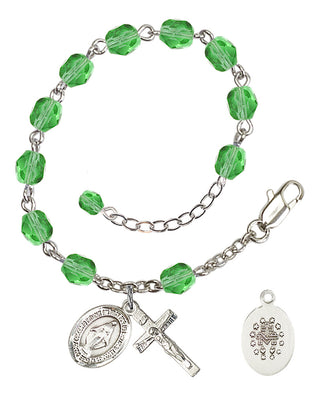 Silver-Plated 6mm Fire-Polished Miraculous Rosary Bracelet in Peridot Engraved Catholic Saint Jewelry