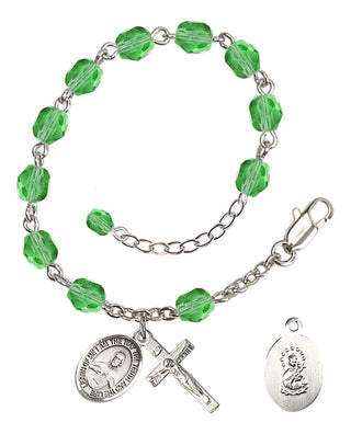 Silver-Plated 6mm Fire-Polished Scapular Rosary Bracelet in Peridot Engraved Catholic Saint Jewelry