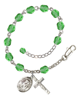 Silver-Plated 6mm Fire-Polished Saint Thomas More Rosary Bracelet in Peridot Engraved Catholic Saint Jewelry